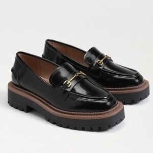 Sam Edelman Black Patent Leather Loafers with Gold Accents